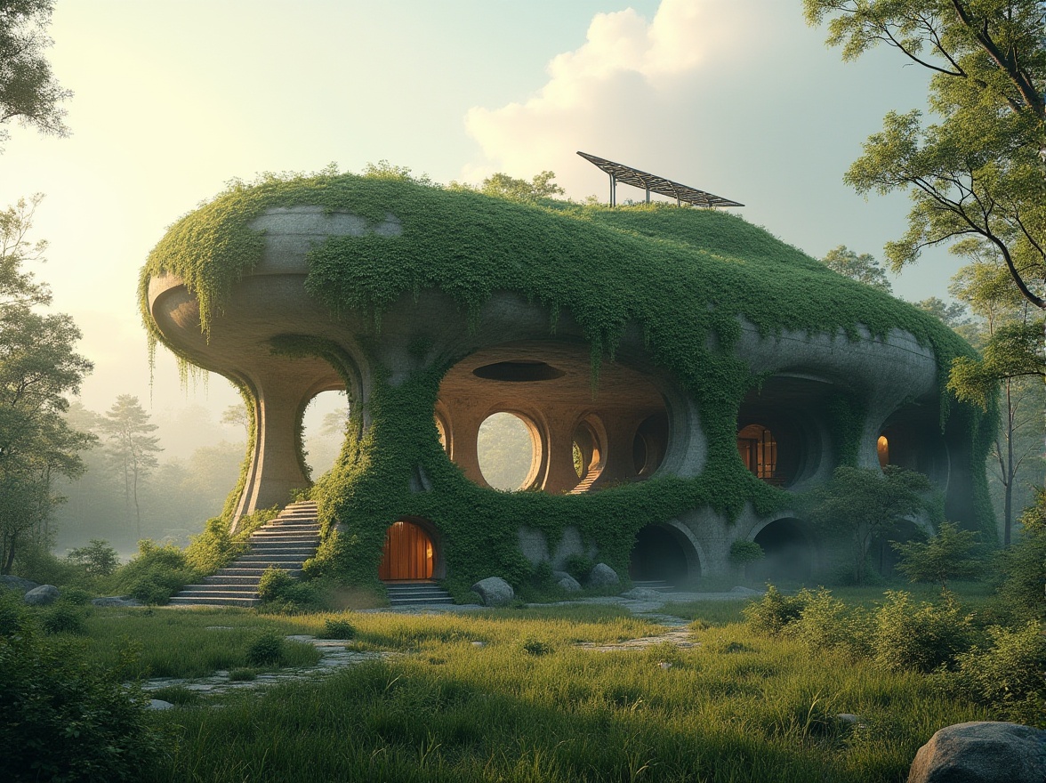 Prompt: Sustainable monument, organic architecture, futuristic building, greenery walls, vines crawling up columns, solar panels on roof, natural stone foundation, curved lines, minimalist design, eco-friendly materials, recyclable resources, zero-waste construction, urban forest surroundings, morning sunlight, soft misty atmosphere, shallow depth of field, 3/4 composition, cinematic lighting.