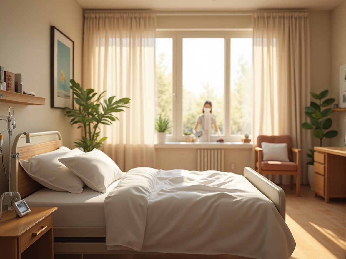 Prompt: Cozy hospital room, warm beige walls, large windows with natural light, gentle curtains, comfortable patient bed with white sheets, soft pillows, IV pole, heart rate monitor, calm doctor or nurse in the background, thoughtful interior design, modern furniture, wooden desk, leather chair, green plants on shelves, peaceful atmosphere, softbox lighting, 3/4 composition.