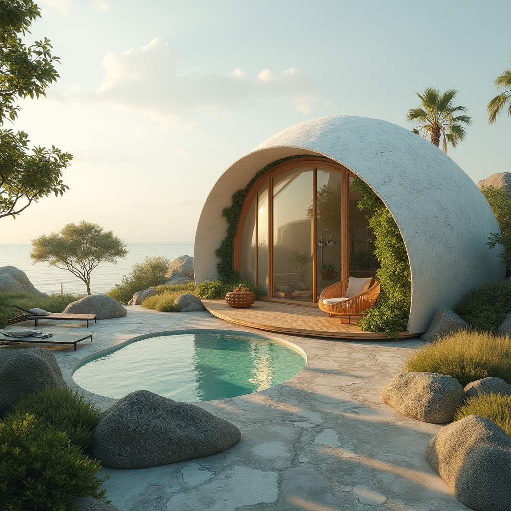 Prompt: Sustainable coastal villa, blob-like architecture, white dome-shaped roof, solar panels, green walls, recycling facilities, wind turbines, seaweed-covered exterior, ocean-inspired color palette, coral reef-patterned tiles, driftwood furniture, reclaimed wood accents, minimalist interior design, natural light pouring in through large windows, ocean views, serene atmosphere, misty morning ambiance, warm golden lighting, 3/4 composition, soft focus on background.