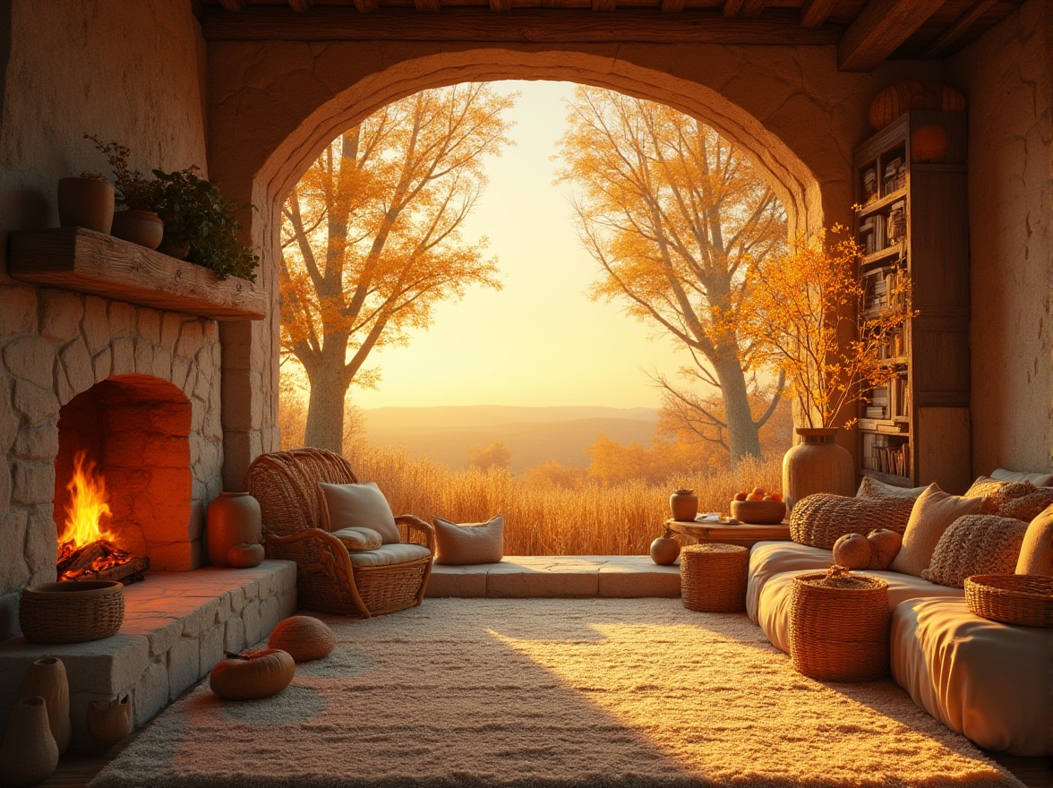 Prompt: Wheat tone background, warm comfort ambiance, soft golden lighting, natural texture, wooden accents, vintage furniture, woven baskets, earthy potteries, rustic stone walls, cozy atmosphere, inviting fireplace, plush carpet, autumn leaves, scenic view of harvest fields, gentle breeze, serene landscape, panoramic composition, shallow depth of field, warm color grading.