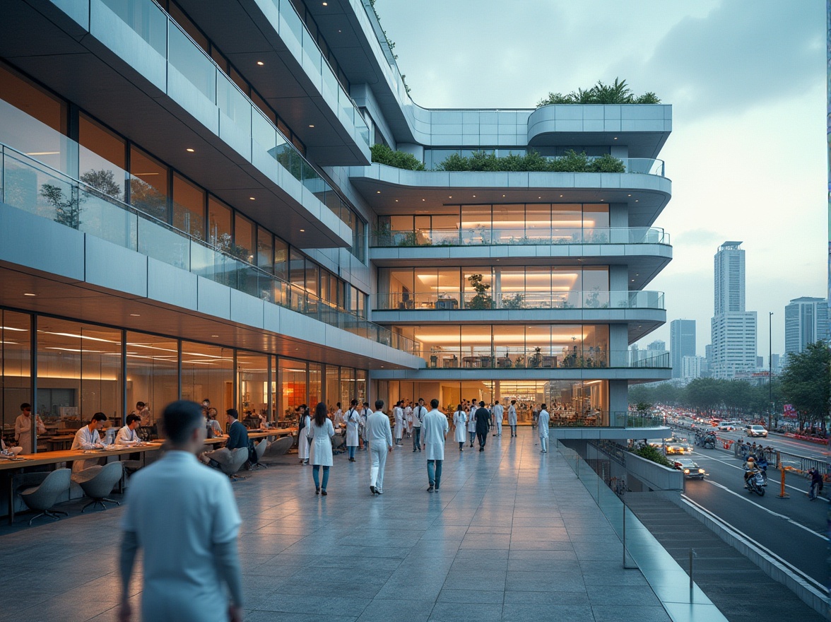 Prompt: Modern hospital building, urban integration, streamline architecture, steel and glass materials, reflective surfaces, sleek lines, minimalist design, cityscape background, skyscrapers nearby, busy street scene, pedestrians walking, cars passing by, greenery on rooftop, modern medical equipment, doctors and nurses in uniform, stethoscopes around necks, blurred motion of people moving, shallow depth of field, natural light pouring in through large windows, warm and inviting interior ambiance, 3/4 composition, low-angle shot, cinematic lighting.