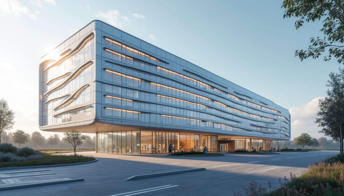 Prompt: Modern hospital, innovative facade design, streamline architecture, silver aluminum frame, glass curtain wall, LED light strips, futuristic, minimalist, clean lines, geometric shapes, reflective surface, urban cityscape, morning sunlight, 3/4 composition, shallow depth of field, ambient occlusion, cinematic lighting, detailed textures.