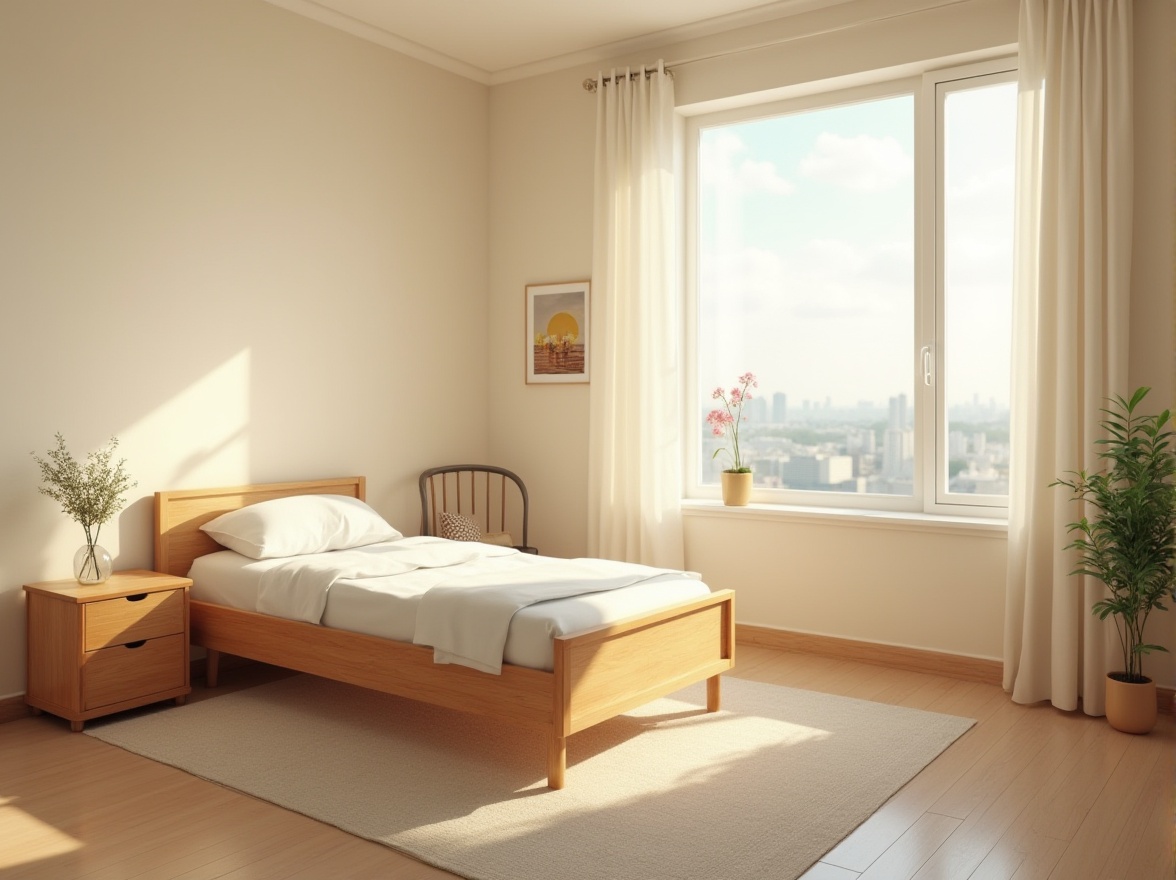 Prompt: Cozy hospital room, gentle lighting, cream-colored walls, soft beige carpet, comfortable single bed, white cotton sheets, warm wooden bedside table, vase with fresh flowers, peaceful green plant on the windowsill, large window with a calming city view, modern minimalist chair for visitors, natural wood grain furniture, gentle curves, soft close-up, 3/4 composition, warm color palette, ambient lighting, relaxing atmosphere.