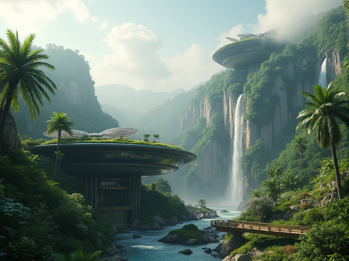 Prompt: Landscape integration, blending architecture with nature, futuristic skyscraper, curved lines, green roof, solar panels, waterfall, misty atmosphere, lush vegetation, tropical plants, palm trees, wildflowers, meandering stream, wooden bridge, natural stone walls, glass façade, modern interior design, ambient lighting, panoramic view, 3/4 composition, soft focus, cinematic mood, serene ambiance.