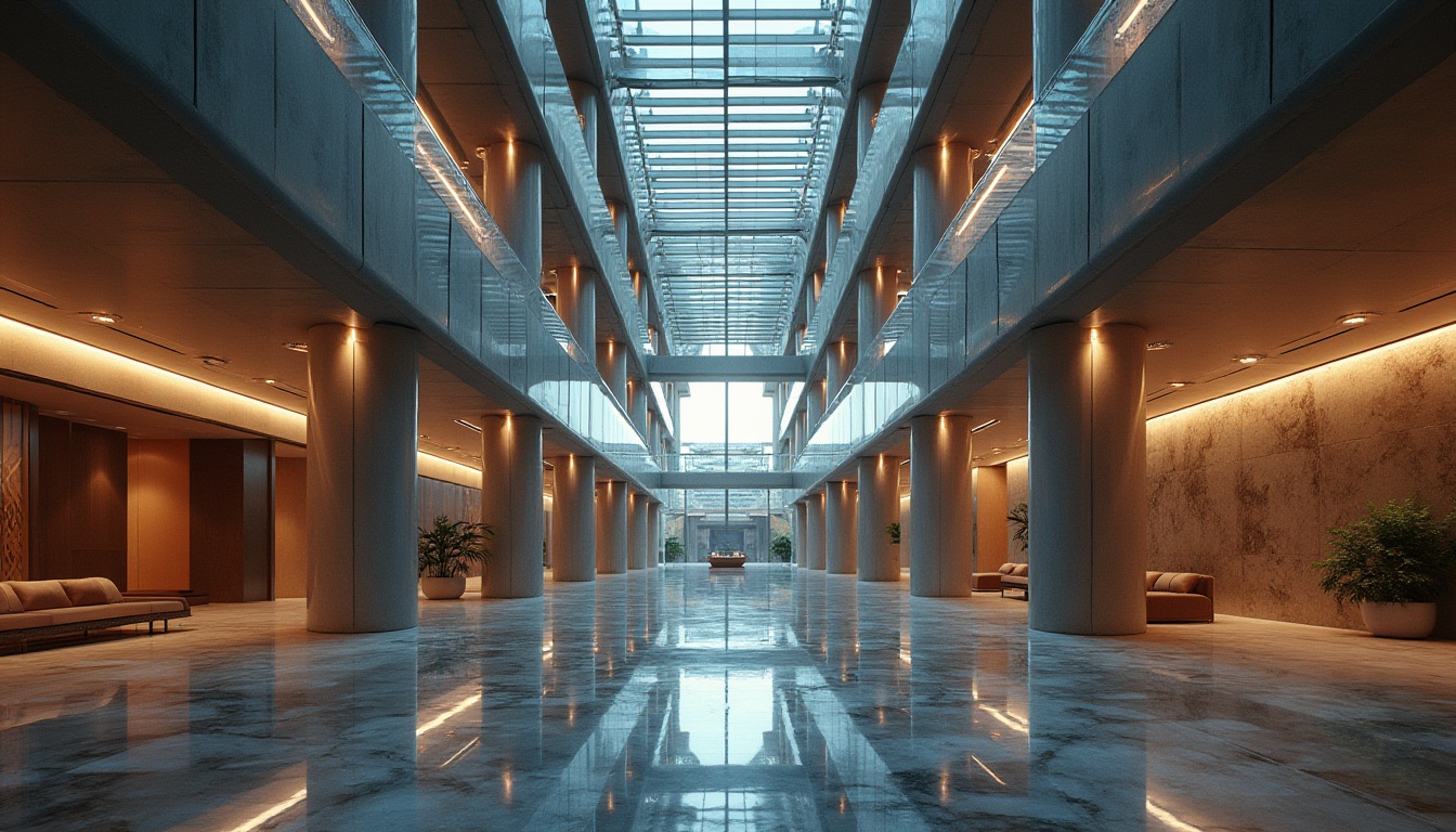 Prompt: Modern architecture, futuristic building, sleek lines, metallic materials, reflective surfaces, glass facade, steel beams, concrete walls, marble floors, intricate patterns, luxurious interior, ambient lighting, warm colors, 3/4 composition, low-angle shot, dramatic shadows, depth of field, high-contrast image, cinematic mood, atmospheric perspective.