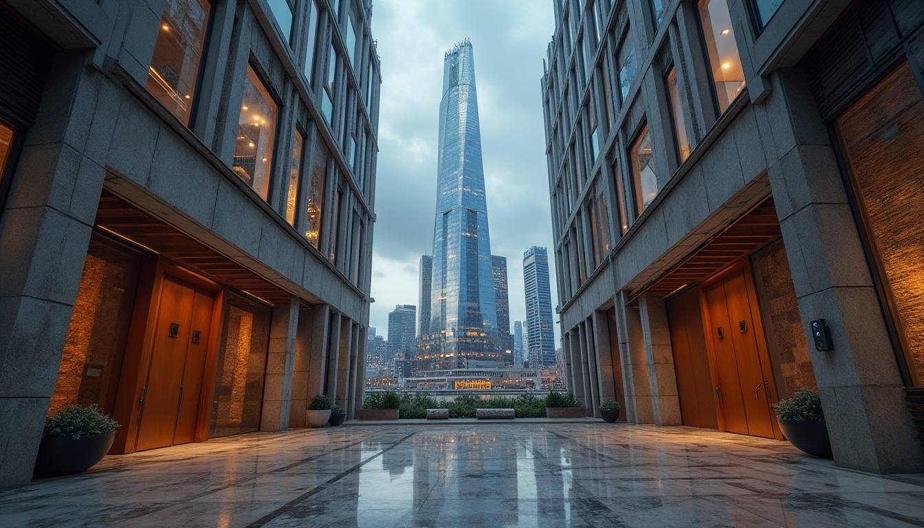 Prompt: Modern skyscraper, sleek metallic façade, reflective glass windows, intricate stone carvings, rustic brick walls, ornate wooden doors, polished marble floors, industrial metal beams, futuristic neon lights, urban cityscape, cloudy sky, dramatic shadows, 3/4 composition, low-angle shot, cinematic lighting.