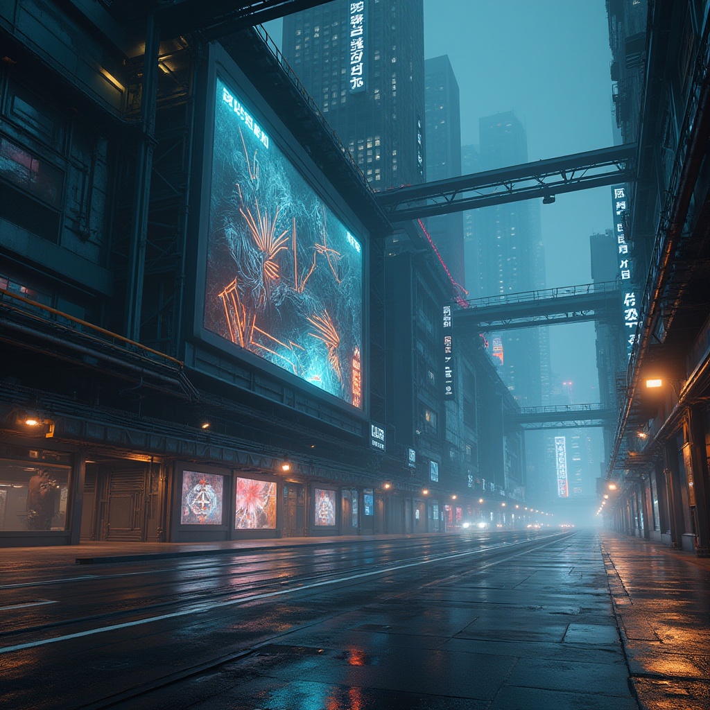 Prompt: Futuristic warehouse, innovative facade design, neon lights, metallic materials, glass, steel beams, industrial pipes, urban cityscape, night scene, cyberpunk atmosphere, atmospheric fog, misty lighting, 3/4 composition, low-angle shot, dramatic shadows, sleek lines, geometric shapes, abstract patterns, holographic advertisements, skyscraper background, bustling streets, distant flying cars.