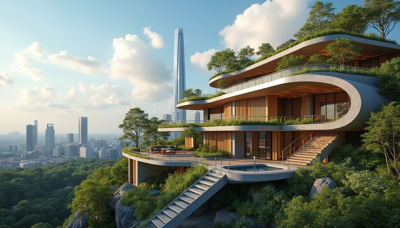 Prompt: Modern building, integrated landscape design, green roof, lush vegetation, curved lines, natural materials, wood accents, large windows, panoramic view, outdoor seating area, stairs connecting rooftop garden, urban skyscraper background, cityscape, blue sky, fluffy white clouds, warm sunlight, soft shadows, 3/4 composition, cinematic lighting.