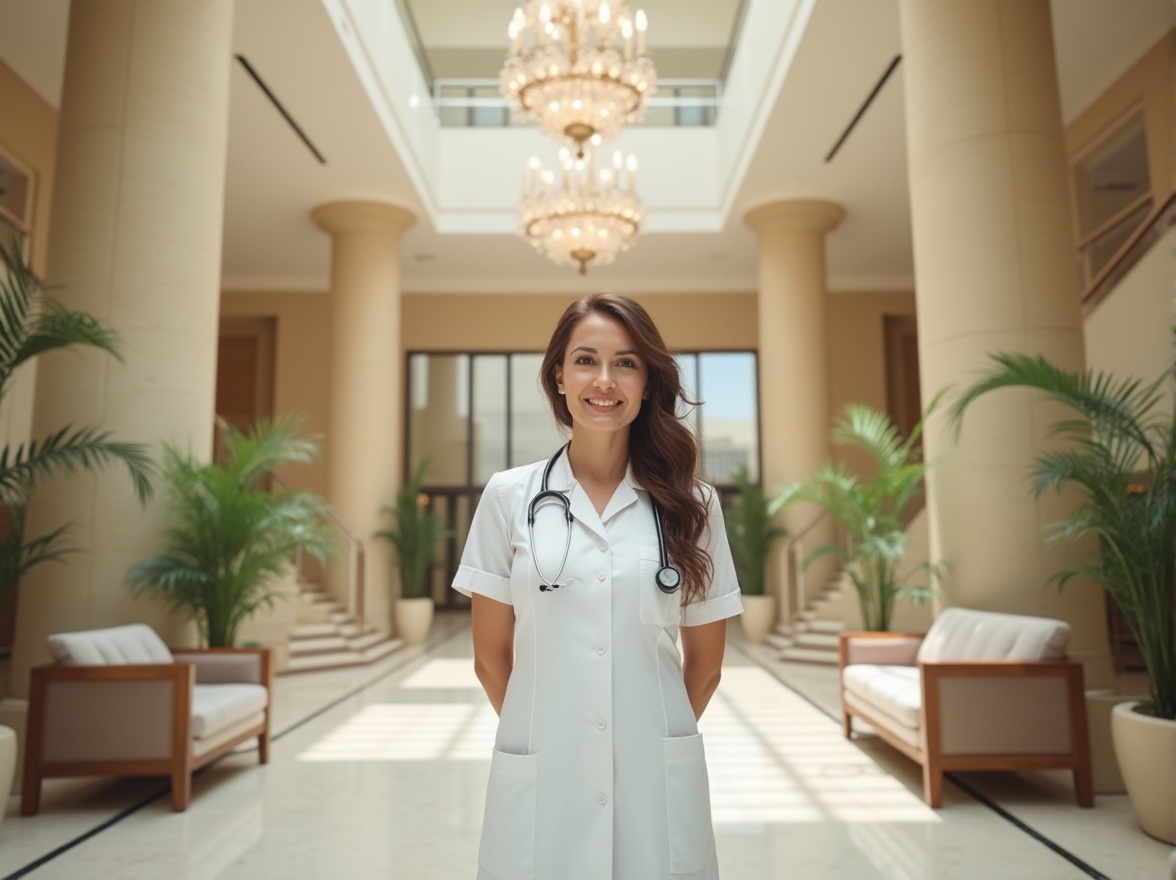 Prompt: Modern hospital lobby, grand staircase, ornate chandelier, polished marble floors, warm beige walls, comfortable waiting area sofas, potted green plants, large windows with natural light, nurse in white uniform, stethoscope around neck, gentle smile, soft curls brown hair, minimal makeup, bright blue eyes, standing with hands behind back, subtle gesture, friendly atmosphere, morning sunlight, shallow depth of field, cinematic composition.