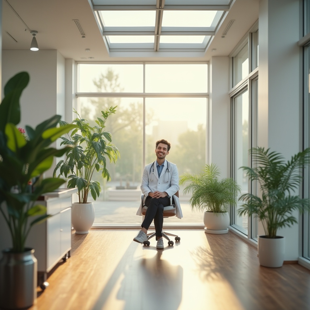 Prompt: Modern clinic interior, natural lighting, large windows, glass ceiling, wooden floors, white walls, green plants, doctor in a white coat, stethoscope around neck, sitting on a minimalist chair, calm atmosphere, soft shadows, morning light, indirect sunlight, subtle reflections, warm color tone, comfortable ambiance, 3/4 composition, shallow depth of field, cinematic lighting, realistic rendering.