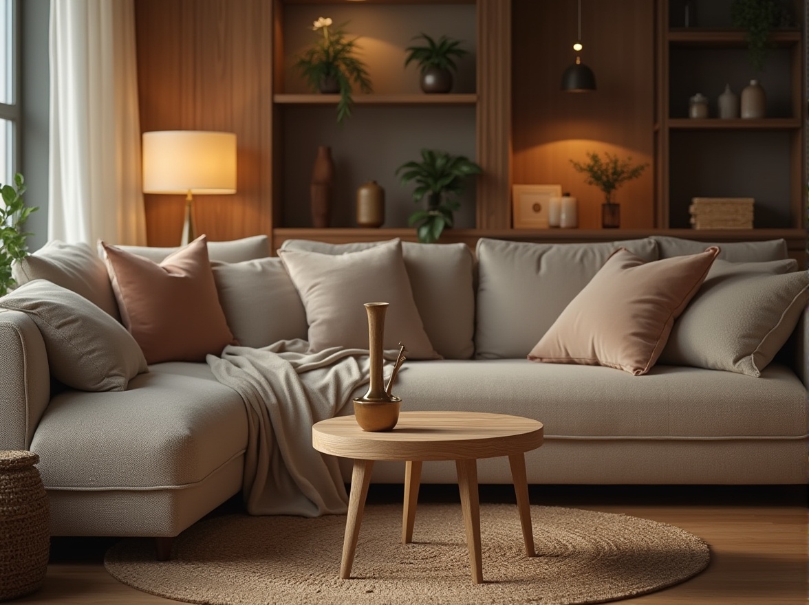 Prompt: cozy living room, modern interior design, plush couch, velvet pillows, soft blanket, cashmere throw, wooden coffee table, dimmed warm lighting, calm atmosphere, Scandinavian style, comfortable seating area, natural fiber rug, woven basket, greenery on shelves, subtle fragrance, relaxing ambiance, 3/4 composition, shallow depth of field.