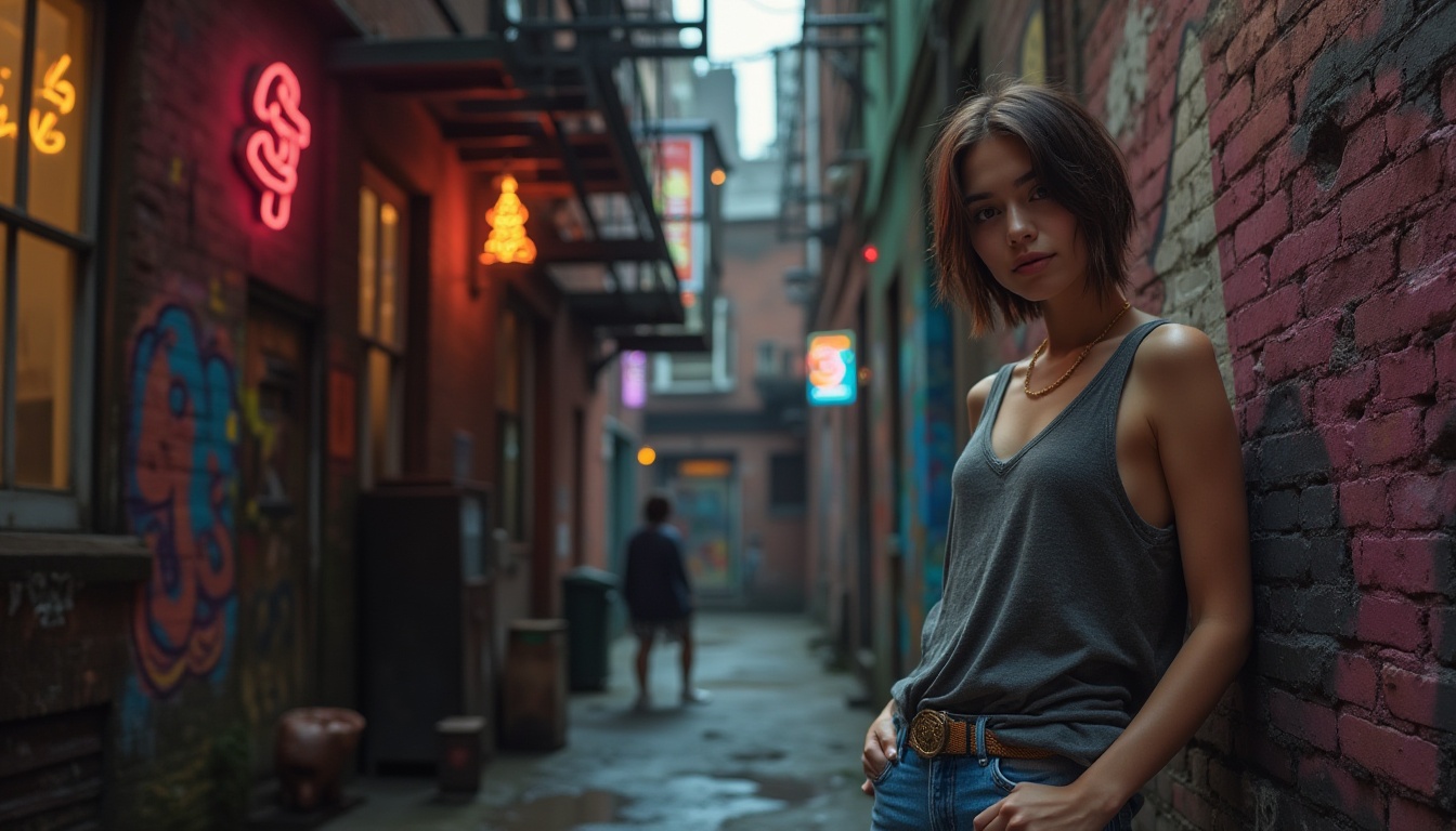 Prompt: Modern young woman, urban casual wear, messy bob haircut, minimal makeup, relaxed posture, leaning against a graffiti wall, blending with surrounding cityscape, industrial brick building, old wooden window frames, rusty metal staircase, vibrant street art, neon signs reflecting on wet pavement, dimly lit alleyway, cinematic composition, atmospheric lighting, depth of field, urban exploration, 3/4 view.