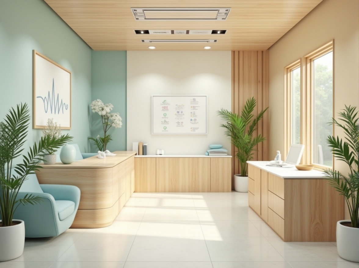 Prompt: Modern medical clinic, interior design, calm atmosphere, soft natural lighting, beige walls, wooden furniture, cream-colored countertops, pastel blue accents, green plants, minimalist decor, comfortable waiting area, relaxed patients, gentle doctors, subtle texture, clean composition, 3/4 view, warm and inviting ambiance.