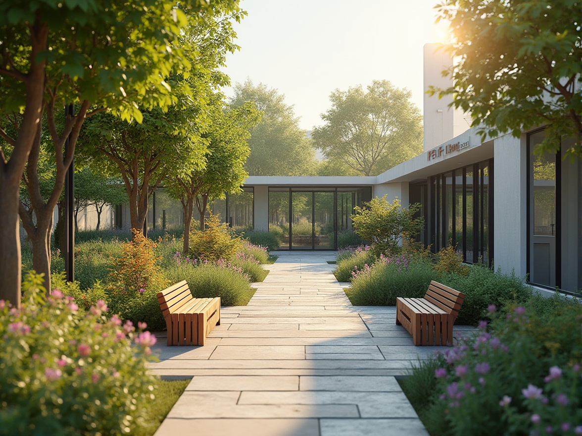 Prompt: Suburban clinic, landscaping ideas, modern minimalist design, clean lines, geometric shapes, lush greenery, blooming flowers, vibrant colors, natural stone walkways, wooden benches, tranquil atmosphere, morning sunlight, soft shadows, 3/4 composition, shallow depth of field, warm ambient lighting, serene background.