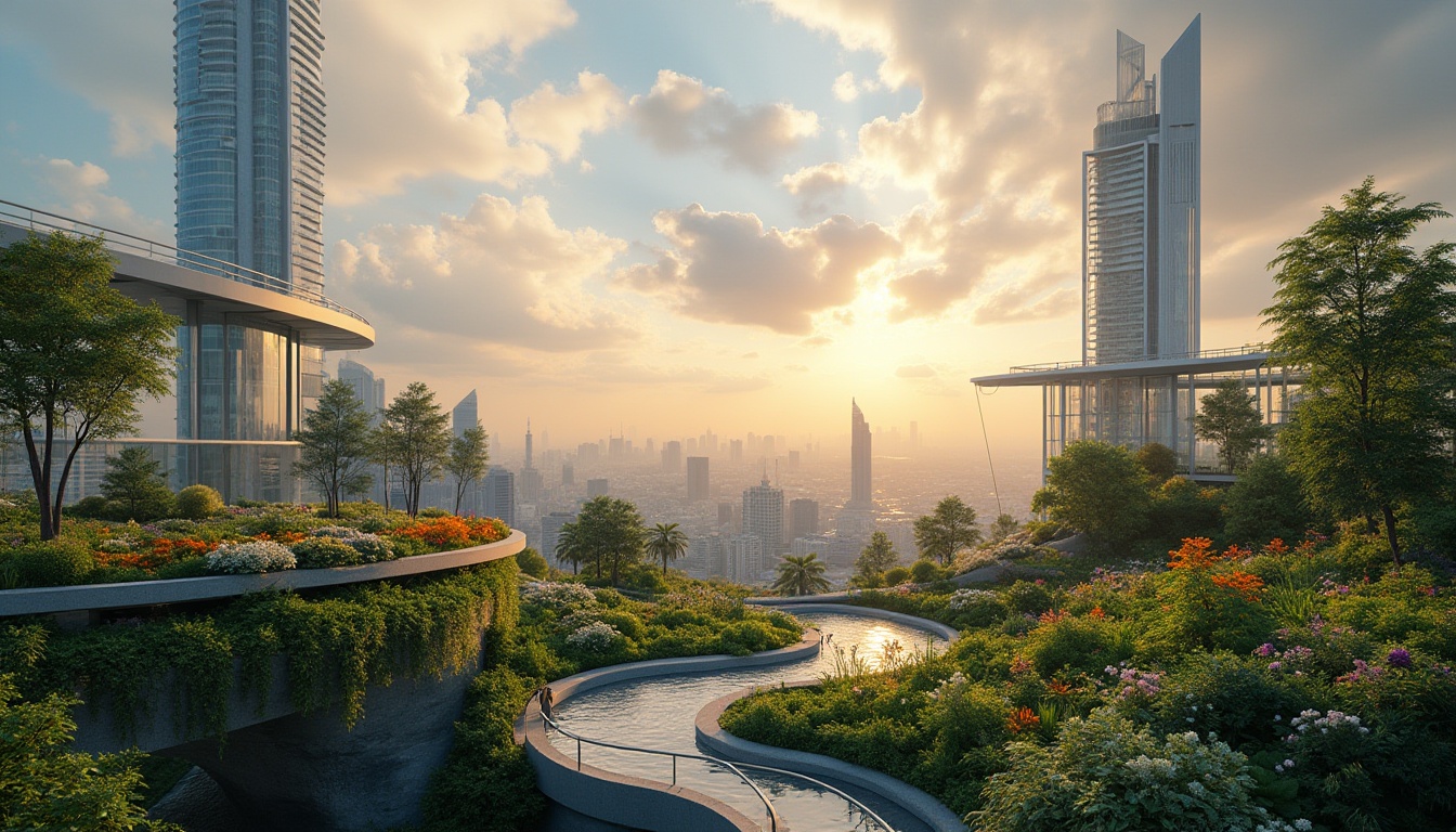 Prompt: Integration with landscape design, futuristic cityscape, skyscraper, green roof, rooftop garden, modern minimalist architecture, sleek lines, metallic materials, glass walls, urban jungle, lush vegetation, vibrant flowers, winding pathways, water features, tranquil ambiance, warm golden lighting, dramatic cloud formations, 3/4 composition, panoramic view, cinematic mood.