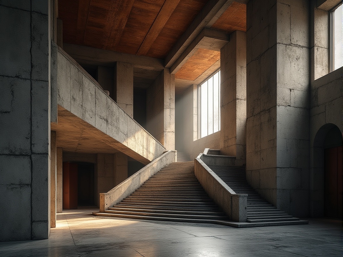 Prompt: Courthouse brutalism, stone walls, rugged concrete, rough-hewn granite, industrial metal beams, weathered copper accents, grand staircase, imposing columns, dramatic natural light, high ceiling, urban landscape, city hall, government building, modern architecture, abstract composition, geometric shapes, low-key warm lighting, cinematic mood, film noir atmosphere.