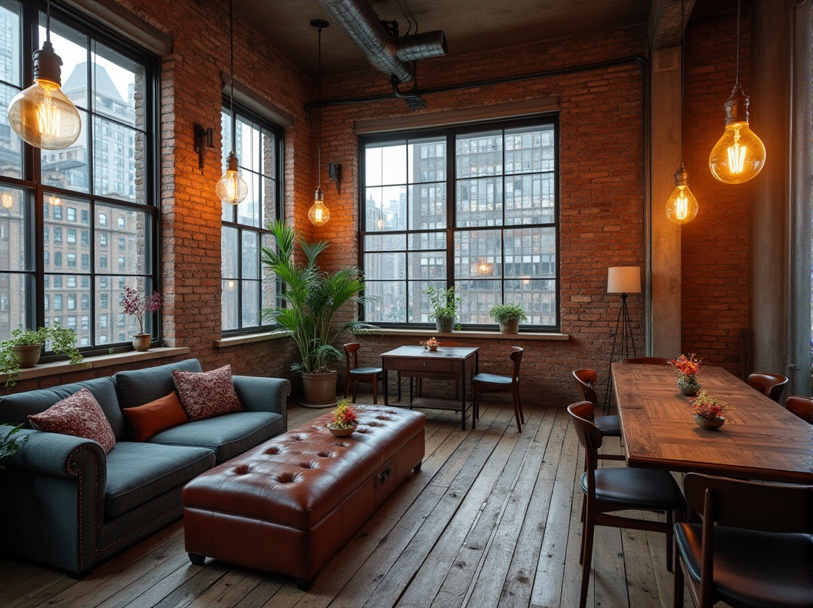 Prompt: Industrial chic interior, exposed brick walls, metal beams, reclaimed wood flooring, Edison bulb pendant lights, leather sofa, steel coffee table, industrial-style lamps, distressed denim upholstery, vintage factory windows, cityscape view, concrete pillars, urban loft atmosphere, high ceilings, minimalist decor, neutral color palette, modern industrial fusion, detailed textures, realistic lighting, cinematic composition.