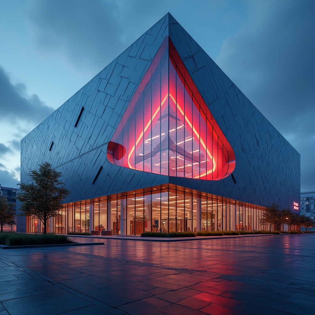 Prompt: Modern distribution center, innovative facade design, geometric shapes, metallic materials, neon lights, vibrant colors, urban cityscape, evening atmosphere, dramatic lighting, angular composition, 3/4 view, futuristic architecture, reflective glass, steel frames, industrial chic, abstract patterns, bold typography, minimal decoration, clean lines, functional simplicity.