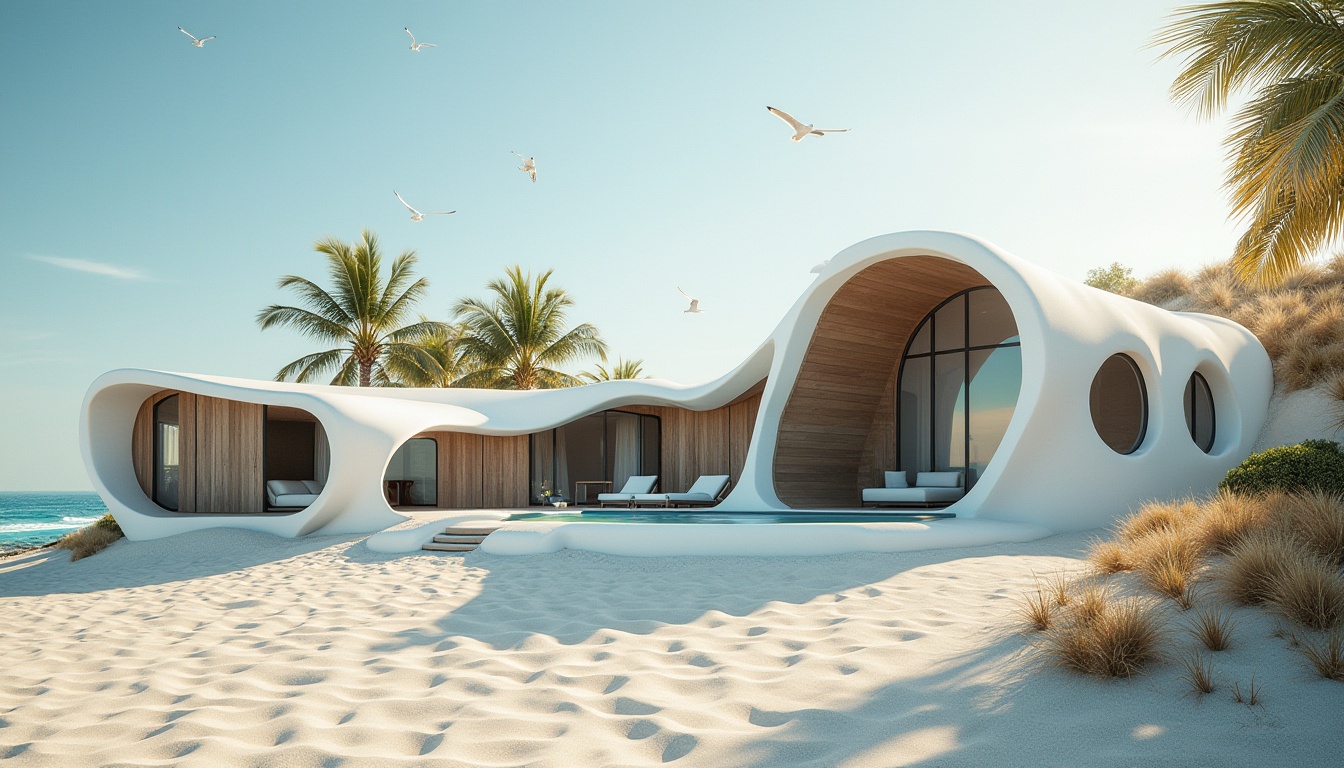 Prompt: Curved lines, organic shapes, coastal architecture, modern villa, white stucco walls, large windows, wooden accents, wavy rooflines, beachside setting, sandy dunes, palm trees swaying gently, turquoise ocean water, seagulls flying overhead, warm sunny day, soft natural lighting, 3/4 composition, depth of field, HDR, cinematic atmosphere.