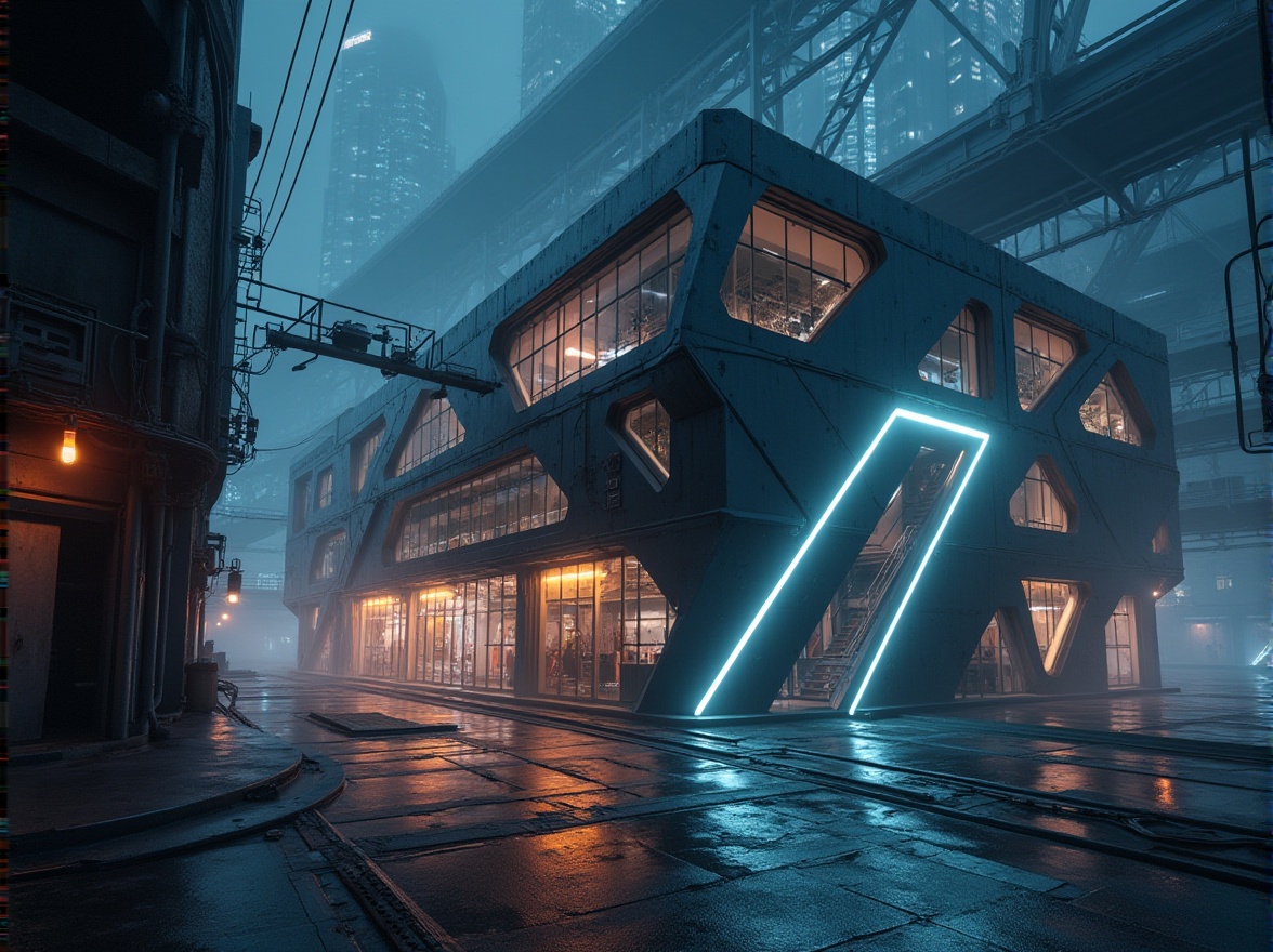 Prompt: Futuristic warehouse, innovative facade design, industrial metallic materials, neon lights, LED strips, cyberpunk atmosphere, sharp angular lines, geometric patterns, reflective surfaces, transparent glass panels, steel beams, mechanical details, pipes and tubes, urban cityscape background, night scene, misty fog, dark alleys, distant skyscrapers, atmospheric perspective, cinematic composition, high-contrast lighting, dramatic shadows.