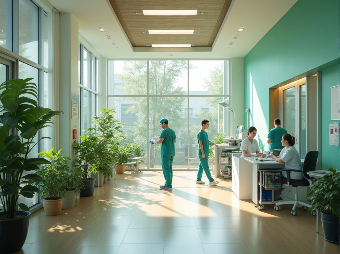 Prompt: Sustainable hospital, modern architecture, large windows, natural light, green walls, recycled materials, energy-efficient equipment, eco-friendly furniture, minimalist interior design, soft colors, calm atmosphere, doctors and nurses in scrubs, medical equipment, plants, natural textures, wooden floors, stainless steel surfaces, panoramic view, 3/4 composition, soft lighting.