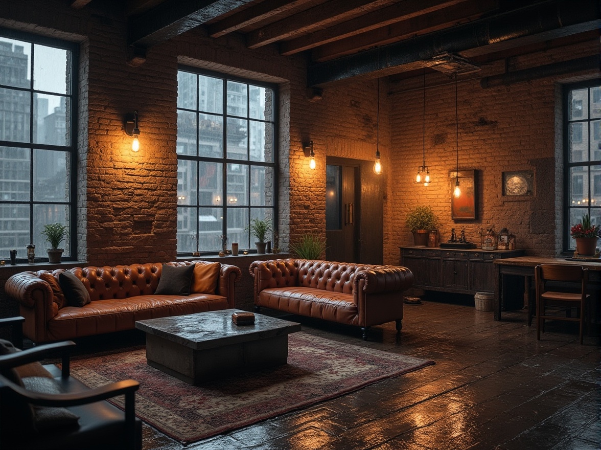 Prompt: Industrial chic interior, modern minimalist space, exposed brick walls, metal beams, reclaimed wood floors, vintage factory lamps, distressed leather sofa, steel coffee table, urban cityscape view, rainy day, gloomy lighting, cinematic composition, 3/4 shot, shallow depth of field, gritty texture, realistic material.