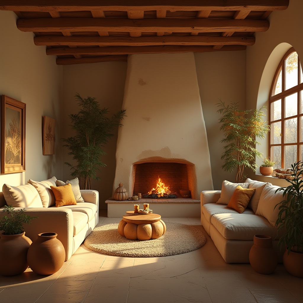 Prompt: Warm wheat tone color palette, cozy atmosphere, rustic wooden accents, soft golden lighting, plush carpet, comfortable sofa, warm beige walls, earthy clay pots, lush greenery, natural stone fireplace, crackling flames, inviting living room, autumn afternoon, soft focus, cinematic composition.