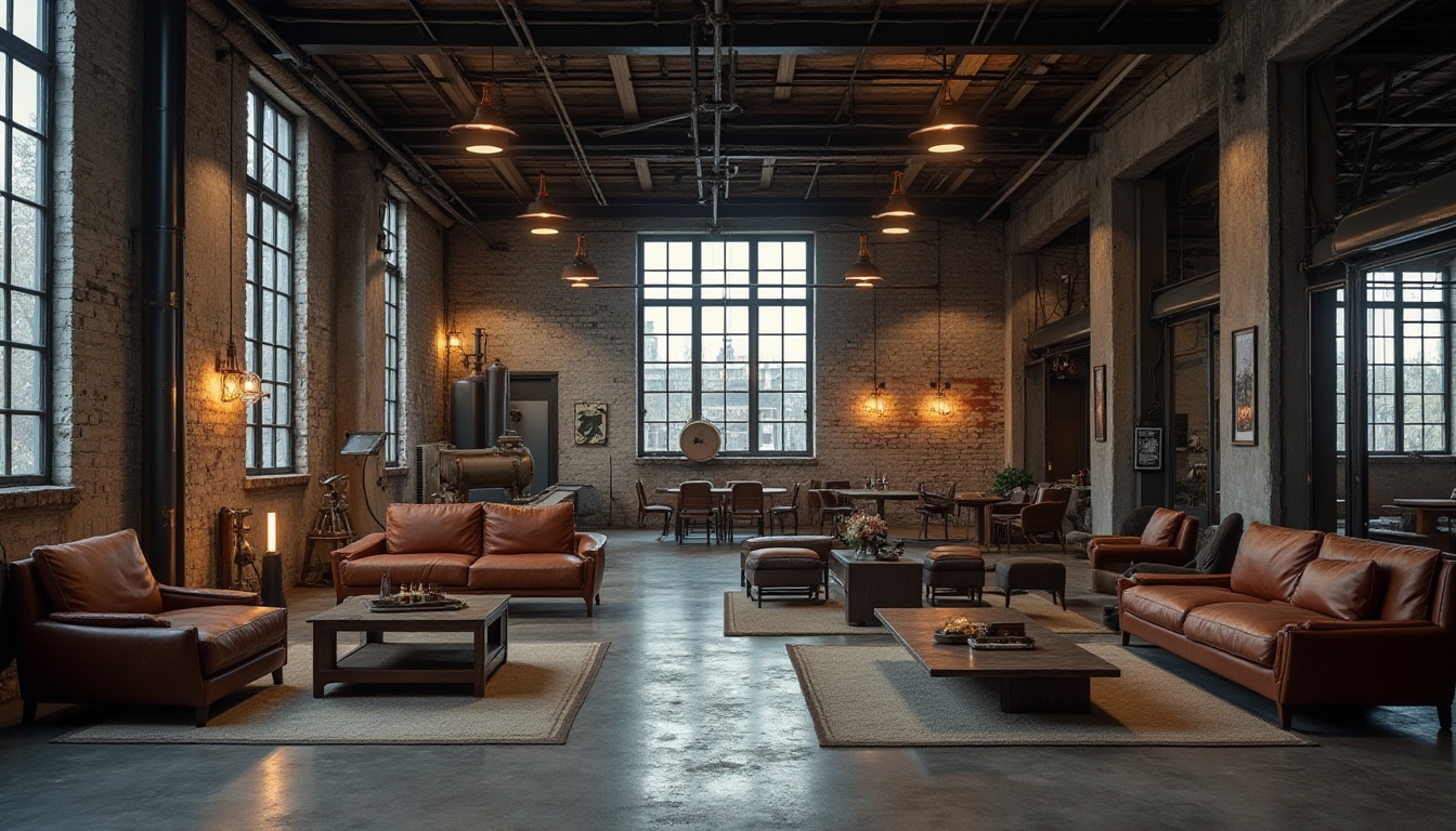 Prompt: Industrial chic interior, abandoned factory, metal beams, exposed brick walls, concrete floors, minimalist decor, steel windows, industrial lamps, vintage machinery, distressed wood, leather sofas, metal coffee tables, urban atmosphere, moody lighting, cinematic composition, 3/4 view, shallow depth of field.