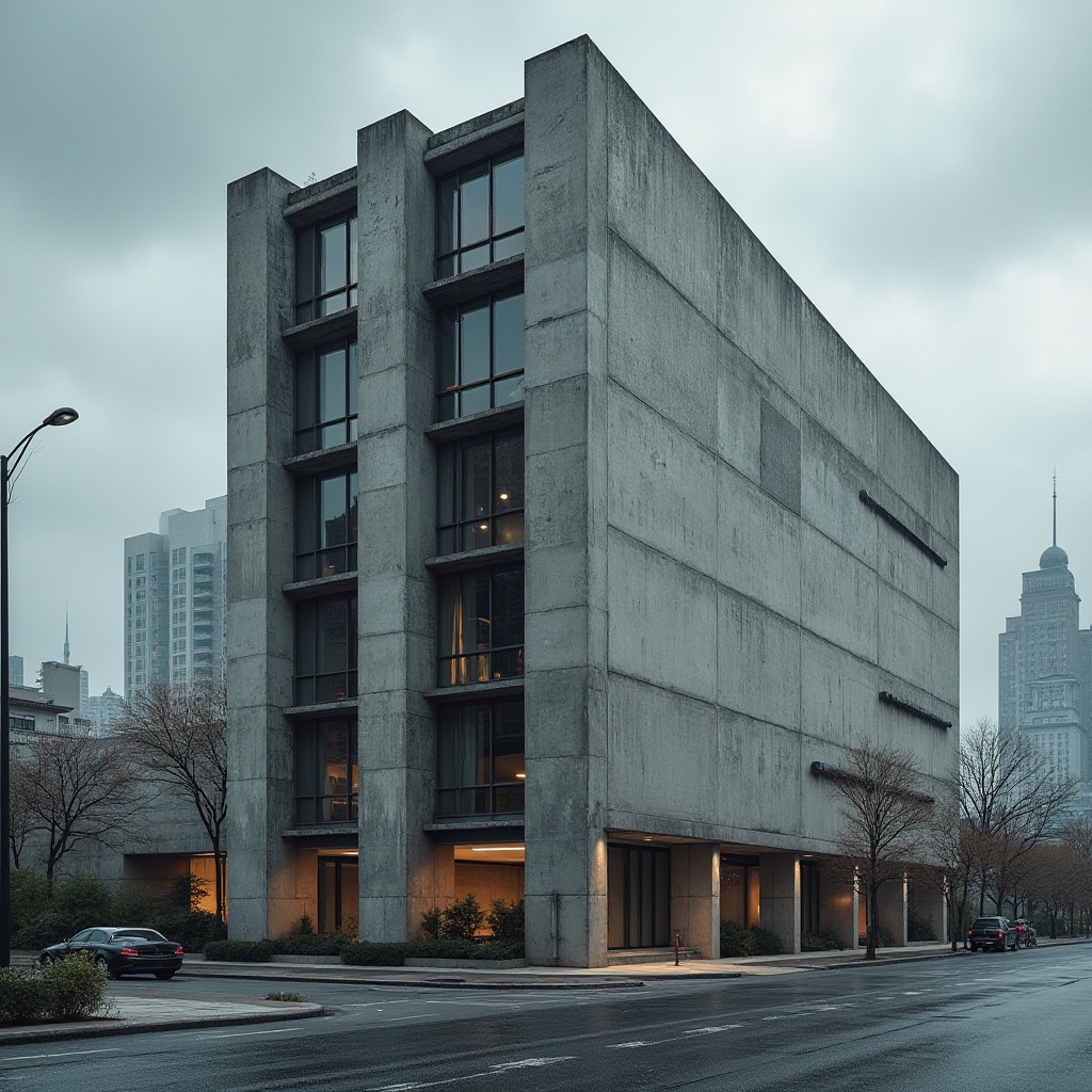 Prompt: Fiber-cement building, modern architecture, brutalist style, industrial look, rough texture, raw concrete, exposed pipes, metallic beams, urban setting, cityscape, skyscraper background, cloudy sky, dramatic lighting, low-angle shot, 3/4 composition, realistic rendering.