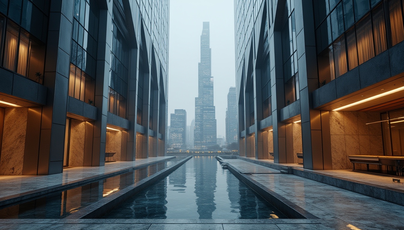 Prompt: Modern skyscraper, urban cityscape, reflective glass facade, metallic frames, rough concrete walls, smooth marble floors, intricate stone carvings, rustic wooden accents, industrial pipes, sleek steel beams, futuristic elevators, luxurious velvet drapes, minimalistic LED lighting, atmospheric mist, dramatic backlighting, low-angle composition, cinematic depth of field.