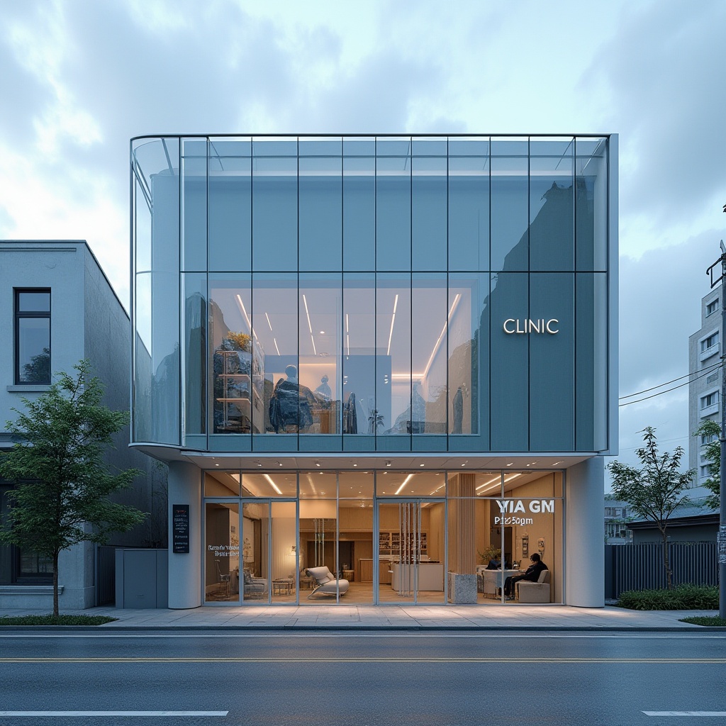 Prompt: Modern dental clinic, innovative facade design, sleek glass exterior, silver metal frames, minimalist entrance, automatic sliding doors, LED signage, clean lines, rectangular shape, urban cityscape background, daytime, cloudy sky, shallow depth of field, 3/4 composition, architectural photography style, high-key lighting.