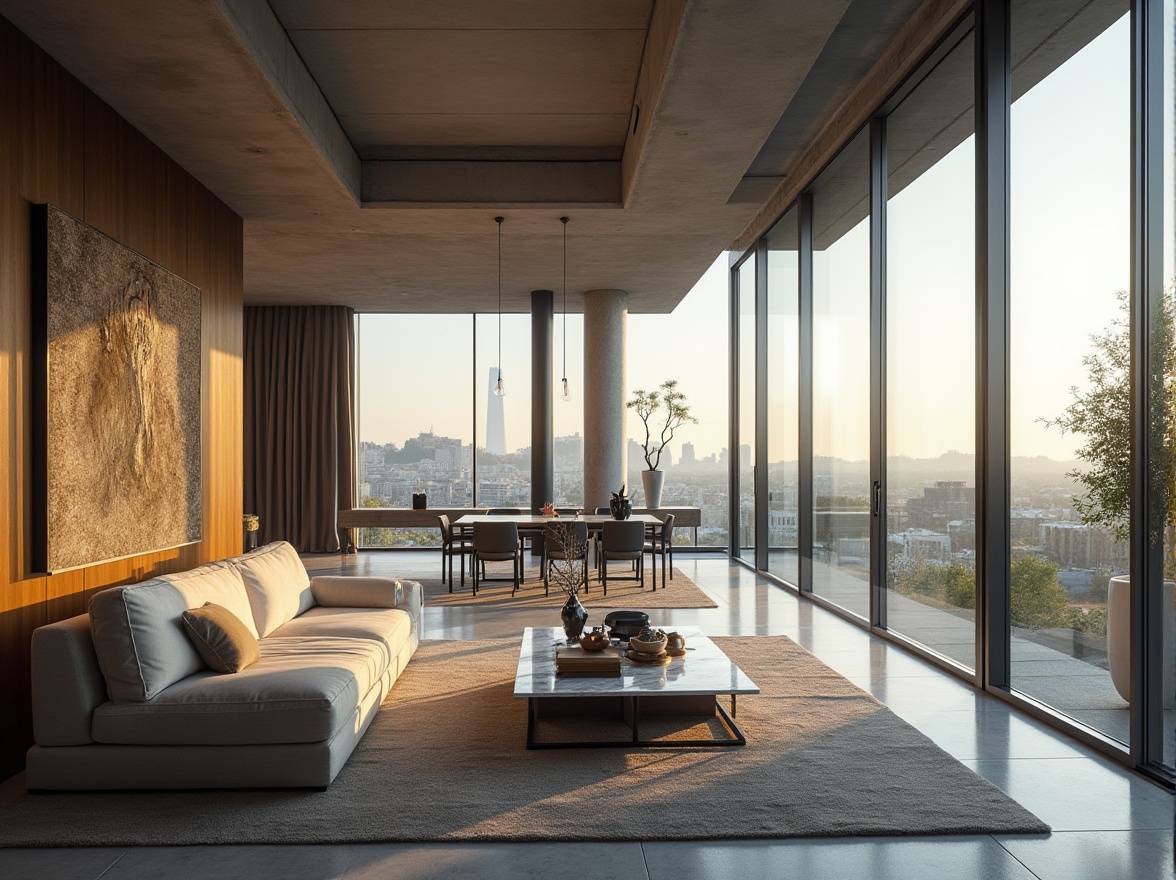 Prompt: Modern minimalist architecture, incorporating structural elements, exposed concrete columns, sleek steel beams, large glass windows, open floor plan, high ceilings, minimalist decor, luxurious living room, elegant sofa, abstract art piece, marble coffee table, industrial-chic lighting fixtures, cityscape view, urban landscape, warm afternoon sunlight, 3/4 composition, shallow depth of field, cinematic mood.