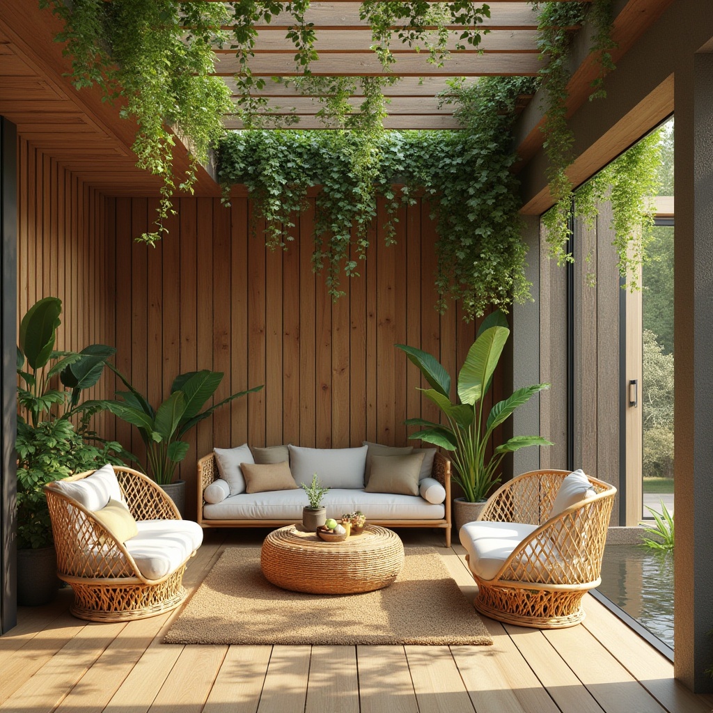 Prompt: Natural materials, sustainable design, eco-friendly, wooden textures, woven bamboo, rattan furniture, living walls, green roofs, recycled metal, earthy tones, organic shapes, minimal waste, zero-emission, modern primitive, Scandinavian-inspired, cozy atmosphere, natural lighting, morning sunlight, peaceful ambiance, serene composition.