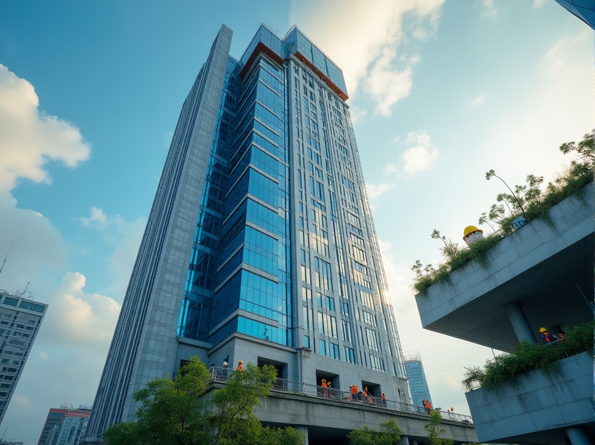 Prompt: Modern skyscraper, cityscape, urban architecture, sleek metal and glass exterior, bold color palette, bright blue accent walls, silver reflective windows, white concrete foundation, lush greenery rooftop garden, vibrant yellow safety helmets, construction workers in orange vests, dramatic cloudy sky, low-angle shot, cinematic composition, warm natural light, high-contrast HDR.