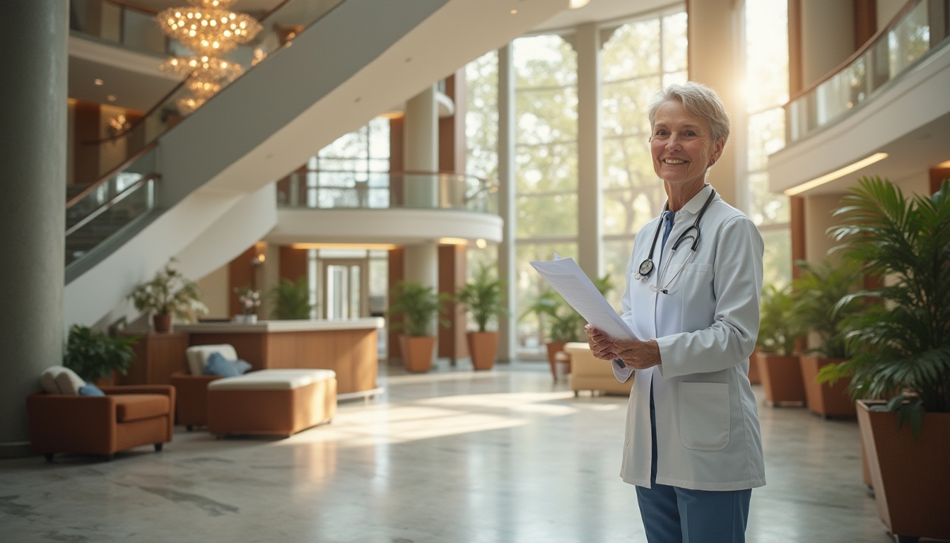 Prompt: Modern hospital lobby, ornate details, grand staircase, elegant chandelier, marble floor, comfortable seating area, lush greenery, warm lighting, soft music, mature lady doctor, white coat, stethoscope around neck, gentle smile, kind eyes, holding medical chart, standing near reception desk, wooden furniture, flower vase, natural light pouring in through large windows, panoramic view, shallow depth of field, realistic texture, cinematic composition.