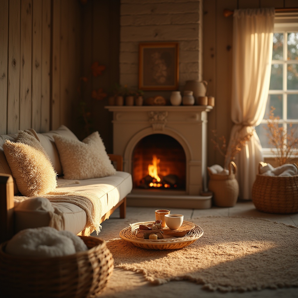 Prompt: Warm, cozy interior scene, wheat tones color palette, comforting atmosphere, soft lighting, vintage furniture, plush cushions, woven baskets, natural textiles, wooden accents, rustic decorations, earthy scent, crackling fireplace, warm beverages, inviting ambiance, golden hour lighting, shallow depth of field, filmic grain, still life composition.