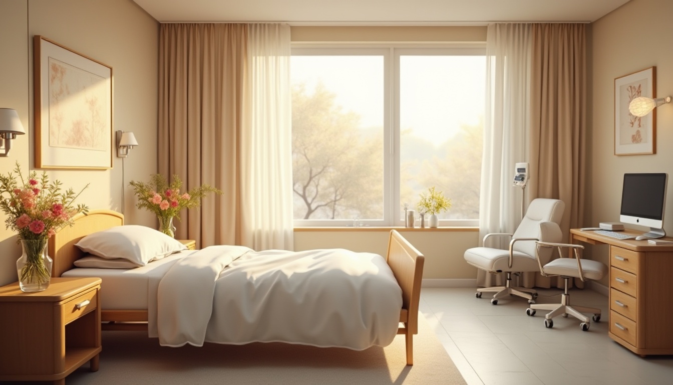 Prompt: Cozy hospital room, warm beige walls, large windows with natural light, comfortable patient bed with white linens, wooden bedside table with a vase of fresh flowers, gentle curves, soft cushions, calming color palette, minimalist decor, soft carpet flooring, ambient lighting, subtle textures, peaceful atmosphere, medical equipment discreetly placed, elegant nurse station with a computer and chair, warm wood tones, serene ambiance, shallow depth of field, relaxing composition.