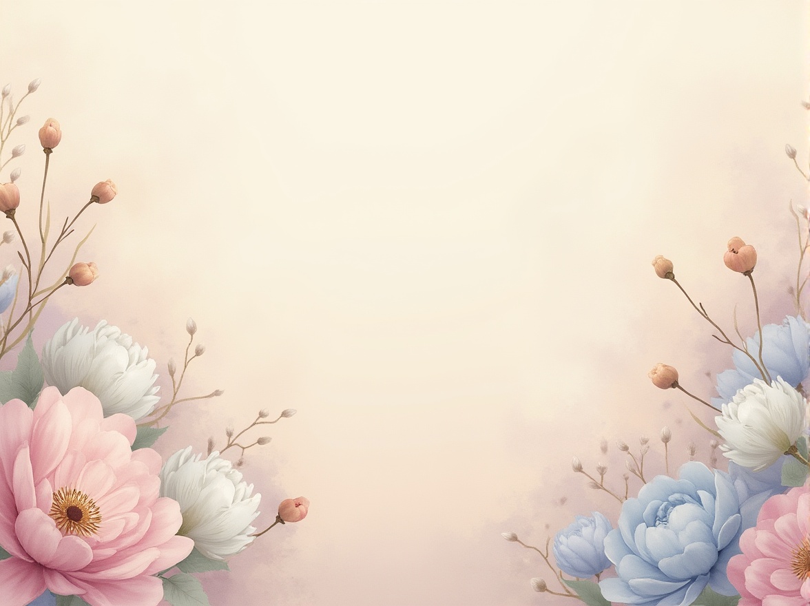 Prompt: Pastel colors, cohesive palette, harmonious, gradient effect, watercolor texture, soft brush strokes, gentle color transitions, calming atmosphere, warm beige background, creamy whites, pale blues, mauve accents, golden lighting, subtle shadows, delicate petals, blooming flowers, whimsical illustrations, dreamy quality, ethereal ambiance, soft focus, romantic composition.