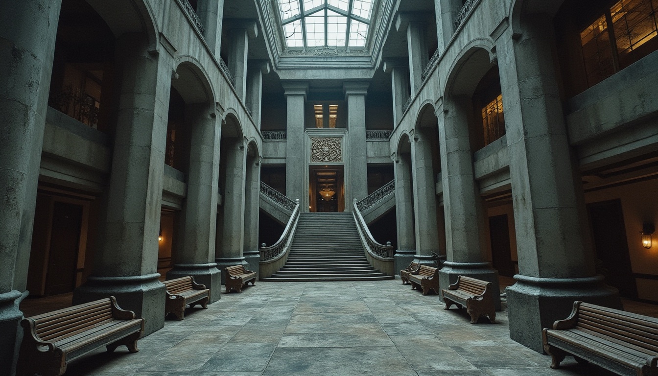 Prompt: Courthouse, brutalist architecture, rugged concrete walls, textured surfaces, weathered stone floors, grand staircase, imposing columns, dramatic lighting, high ceilings, cold industrial atmosphere, worn wooden benches, ornate metal railings, intricate mosaics, monumental entrance, urban cityscape, overcast sky, moody shadows, cinematic composition, low-angle shot.