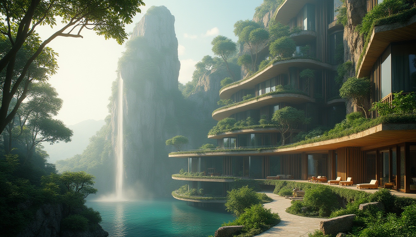 Prompt: Landscape integration, futuristic skyscraper, curved lines, green walls, lush vegetation, tropical trees, waterfall cascading down, misty atmosphere, foggy morning, warm lighting, 3/4 composition, panoramic view, symmetrical balance, natural stone, wooden accents, glass façade, steel beams, modern minimalist interior, ambient occlusion, soft focus, cinematic mood.