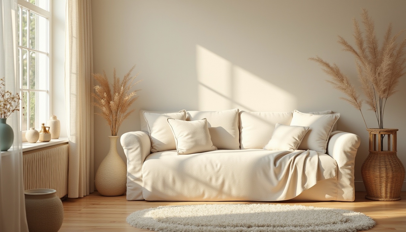 Prompt: Cozy atmosphere, wheat tone color palette, warm and comforting, soft natural light, creamy whites, beige walls, earthy brown wooden floor, plush area rug, comfortable couch with pillows in linen fabric, woven basket, vintage decorative items, flowers in a vase, peaceful ambiance, 3/4 composition, soft focus, film grain, shallow depth of field.