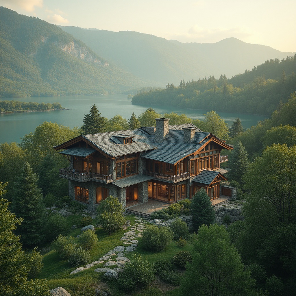 Prompt: Villa, harmonious integration, blending architecture, lush greenery, rolling hills, serene lake, surrounding trees, natural stone walls, wooden beams, large windows, panoramic view, soft morning light, misty atmosphere, warm color tone, symmetrical composition, 3/4 angle shot, shallow depth of field, cinematic mood.