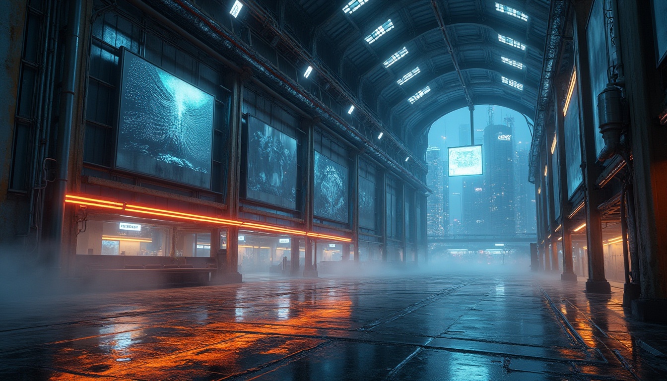 Prompt: Futuristic warehouse, innovative facade design, sleek metallic walls, neon lights, cyberpunk atmosphere, industrial pipes, rusted steel beams, massive glass windows, abstract geometric patterns, 3D holographic advertisements, LED strips, misty fog effect, dramatic spotlighting, low-angle shot, cinematic composition, atmospheric perspective, futuristic cityscape, towering skyscrapers, rainy night, HDR.