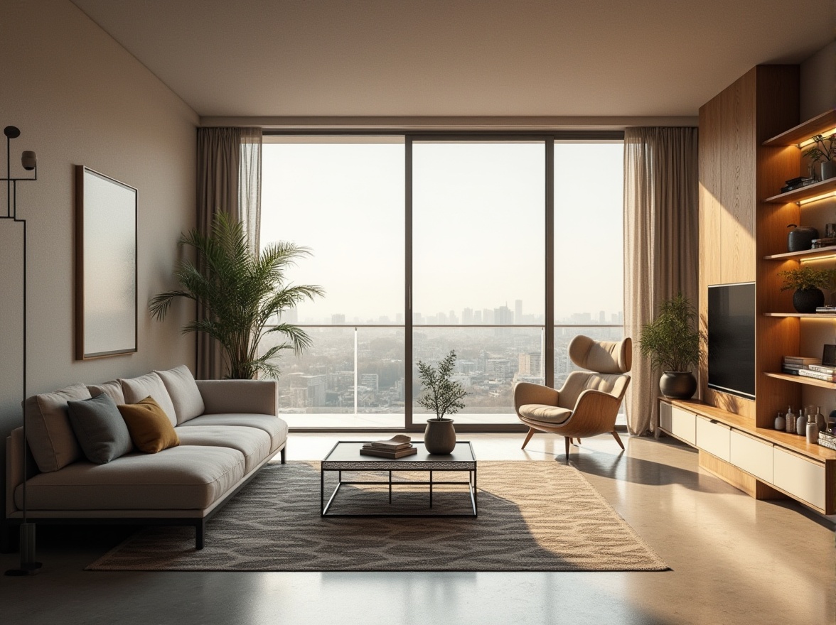 Prompt: Modern minimalist living room, floor-to-ceiling windows, natural light pouring in, sleek low-profile sofa, industrial metal coffee table, geometric patterned rug, Scandinavian-inspired wooden armchair, built-in shelving unit, decorative plants, subtle LED ambient lighting, warm beige walls, polished concrete floors, panoramic city view, 3/4 composition, soft focus.