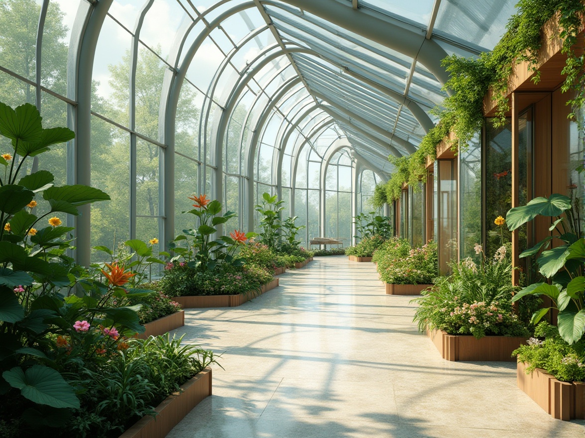 Prompt: Sustainable design, futuristic greenhouse, modern architecture, curved lines, transparent glass walls, lush greenery, natural lighting, wooden accents, recycling symbol, eco-friendly materials, solar panels, wind turbines, misting system, automatic irrigation, flower beds, tropical plants, vines crawling up walls, bright airy interior, natural stone flooring, minimal waste, energy-efficient systems, 3/4 composition, panoramic view, soft natural light, cinematic atmosphere.