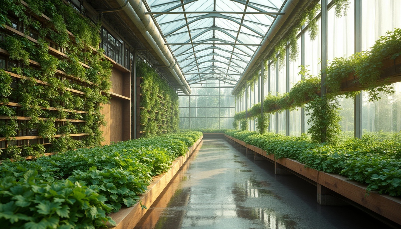 Prompt: Greenhouse, sustainable design, eco-friendly, futuristic, transparent glass walls, curved roof, lush greenery, vertical farming, hydroponic system, solar panels, recycled materials, natural ventilation, open layout, minimalist decor, wooden accents, living wall, botanical garden, morning dew, soft natural light, 3/4 composition, aerial view, serene atmosphere.