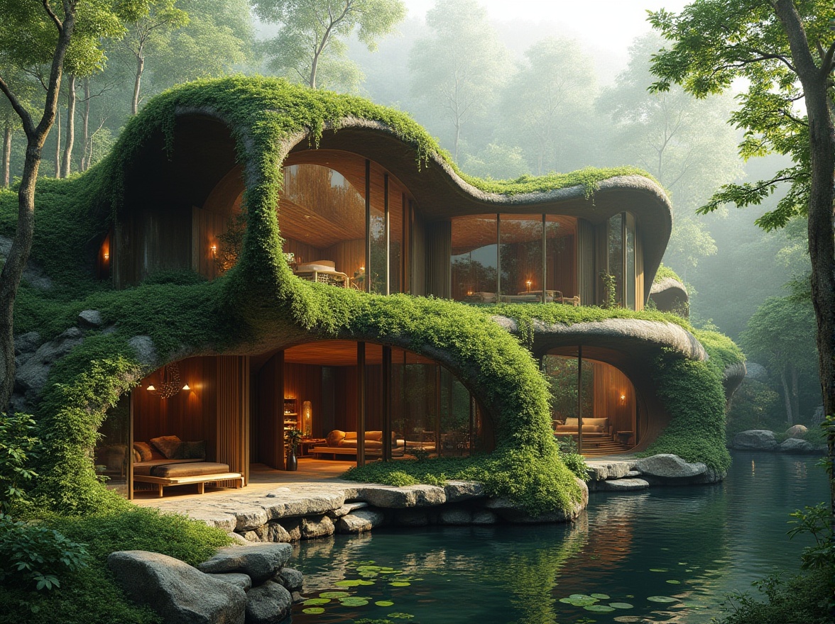 Prompt: Organic building, natural forms, curves, smooth edges, futuristic, eco-friendly, green architecture, botanical garden, lush vegetation, vines crawling up walls, wooden accents, reclaimed wood, stone foundation, earthy tones, natural light, clerestory windows, open spaces, minimalist interior, water feature, small pond, fountain, surrounded by trees, forest, misty atmosphere, soft focus, warm ambient lighting, 3/4 composition.