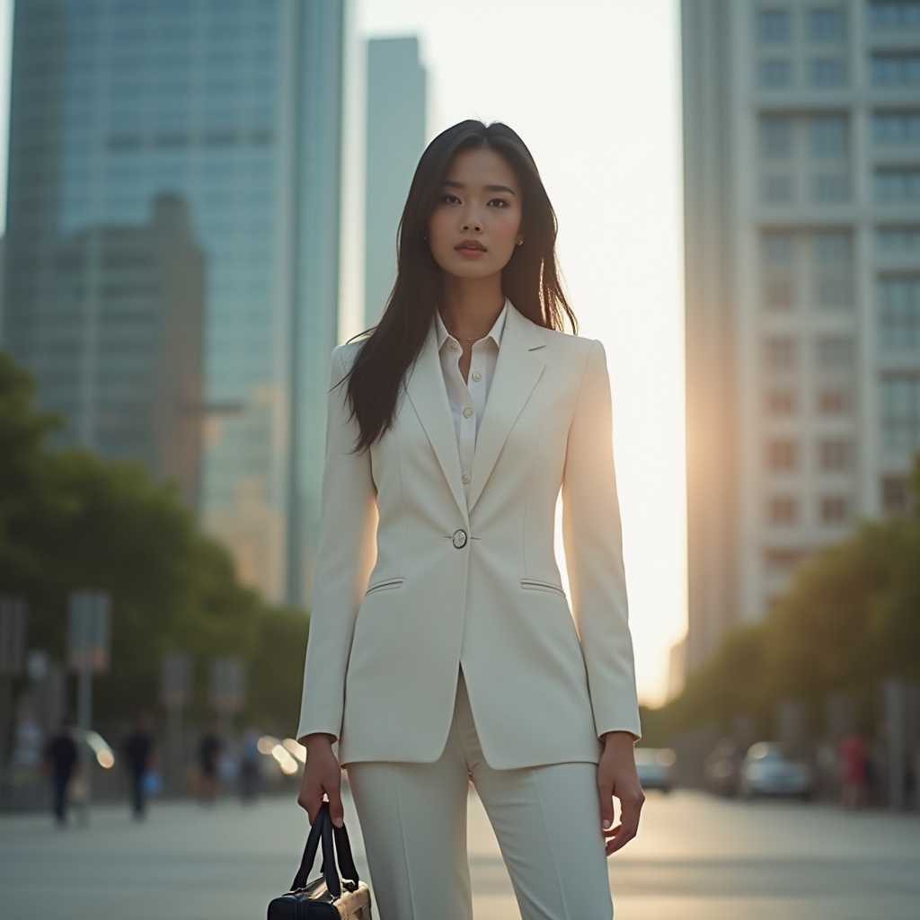 Prompt: Modern city girl, blended into surroundings, standing in front of a skyscraper, sleek black hair, subtle makeup, white business suit, high heels, holding a briefcase, 3/4 composition, urban background, blurred edges, shallow depth of field, warm lighting, cinematic atmosphere, afternoon sun casting long shadows.