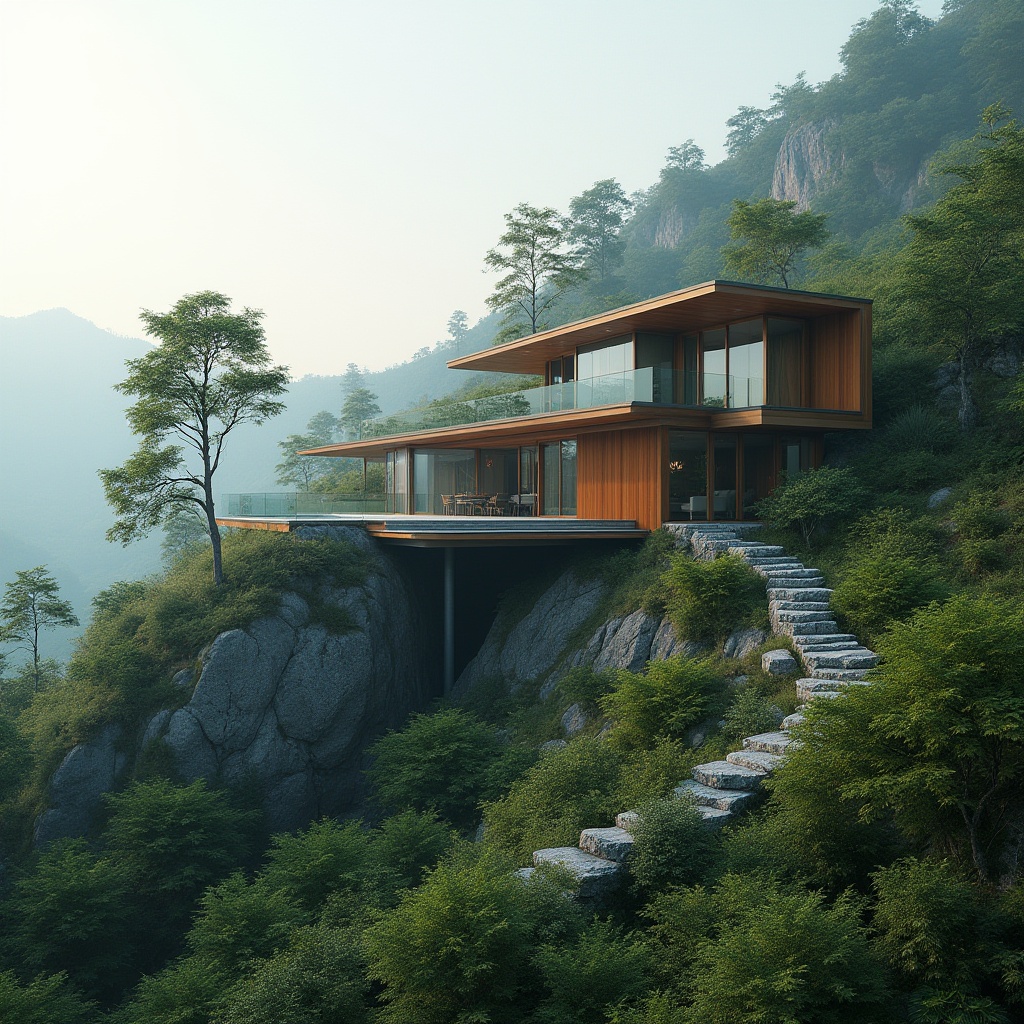 Prompt: Mountain villa, modern architecture, harmonious integration, lush greenery, curved lines, glass walls, wooden accents, natural stone foundation, elevated platform, stairway blending into hillside, surrounding trees, vibrant foliage, misty atmosphere, soft morning light, 3/4 composition, panoramic view, cinematic mood.