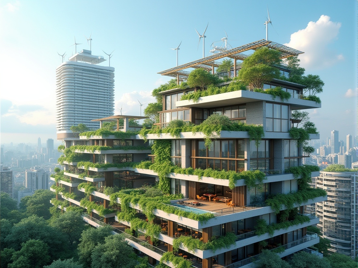 Prompt: Modern skyscraper, eco-friendly building, green architecture, sustainable design, solar panels on roof, wind turbines, recycled metal framework, low-carbon concrete walls, energy-efficient windows, lush green rooftop garden, vines crawling up the exterior, natural stone facade, wooden accents, bamboo floors, reclaimed wood furniture, minimal waste construction site, urban cityscape background, clear blue sky, sunny day, soft natural light, panoramic view.